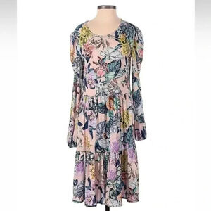 Kaiya Designs Long Sleeve Pink Floral Tiered Drop Waist Shift Dress Size XS